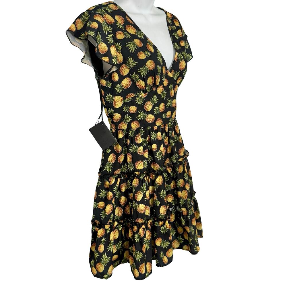 Area Stars Pineapple Black Yellow Flutter Sleeve Mini Dress size S NEW Tags - Picture 11 of 13